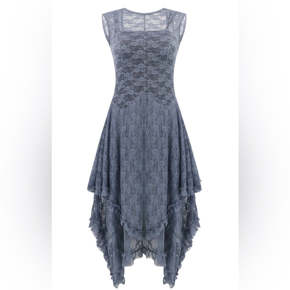 Blue Gray Lace Hankerchief hem Dress